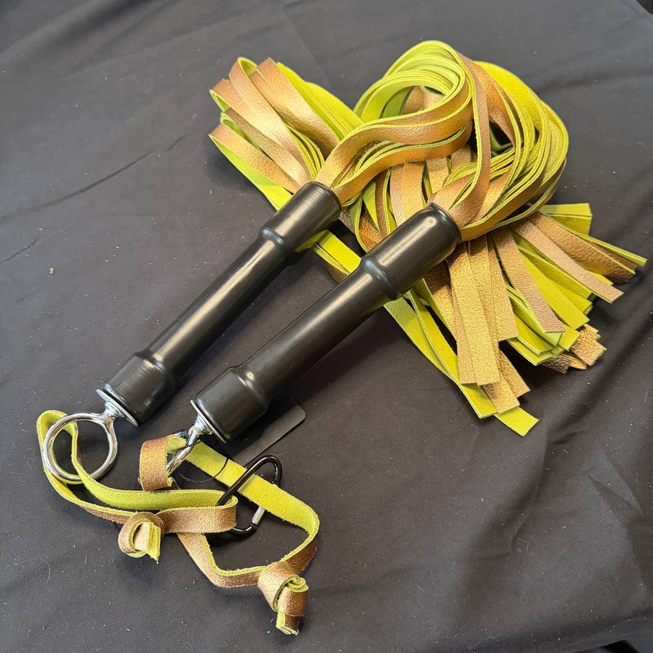 Pair of Rubber Handled Floggers - 34" with 19" Green & Gold Falls, 6" Handle
