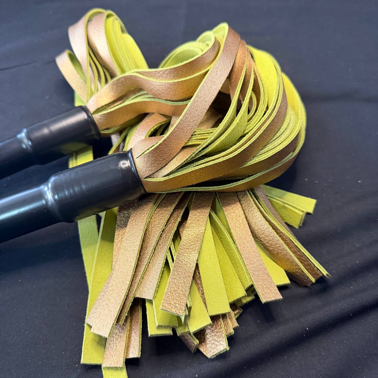 Pair of Rubber Handled Floggers - 34" with 19" Green & Gold Falls, 6" Handle
