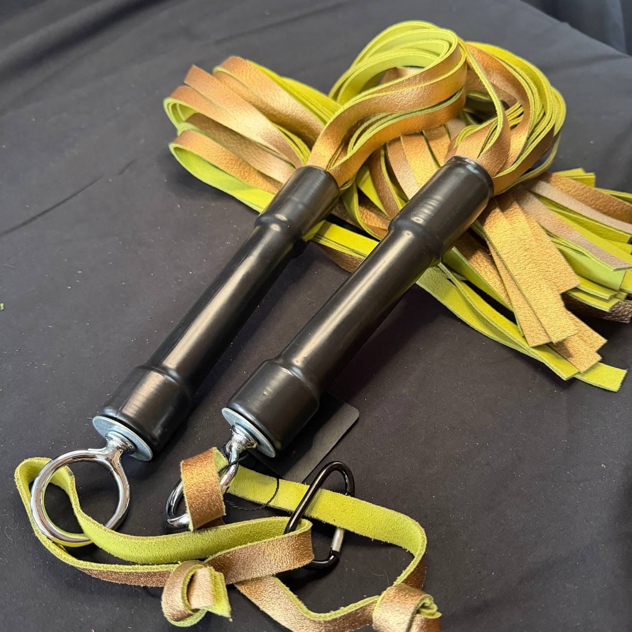 Pair of Rubber Handled Floggers - 34" with 19" Green & Gold Falls, 6" Handle