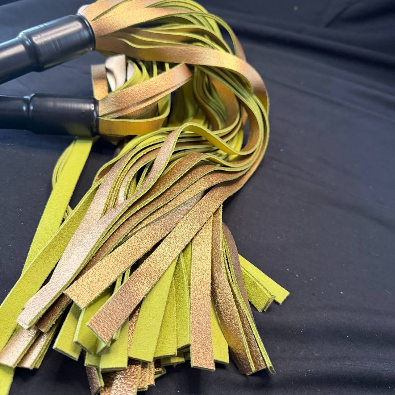 Pair of Rubber Handled Floggers - 34" with 19" Green & Gold Falls, 6" Handle