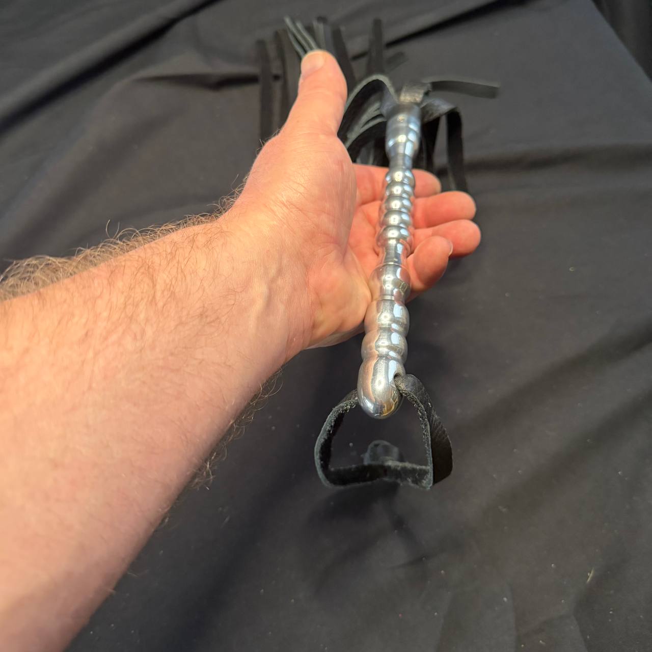 Aluminum Handle Flogger with 18" Leather Falls and 8" Hand Turned Aluminum Handle