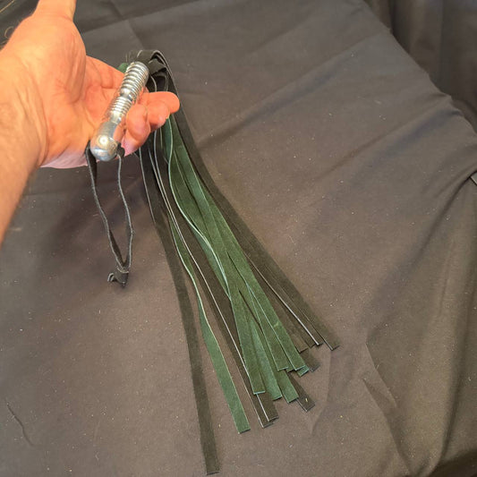 Green and black suede flogger with aluminum handle - 15 inch falls 5 inch handle