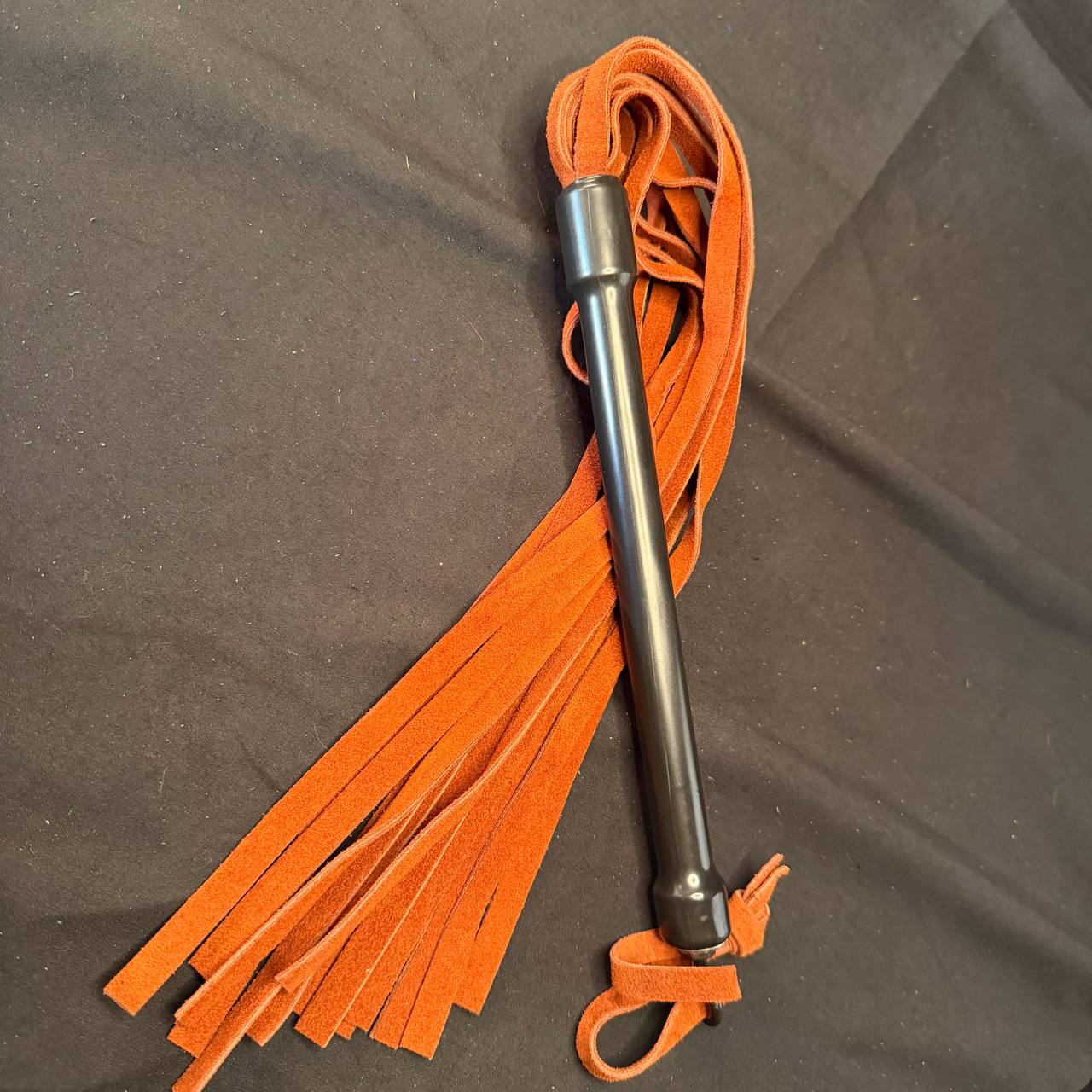 Milk chocolate suede rubber handled flogger - 15 inch falls 10 inch handle