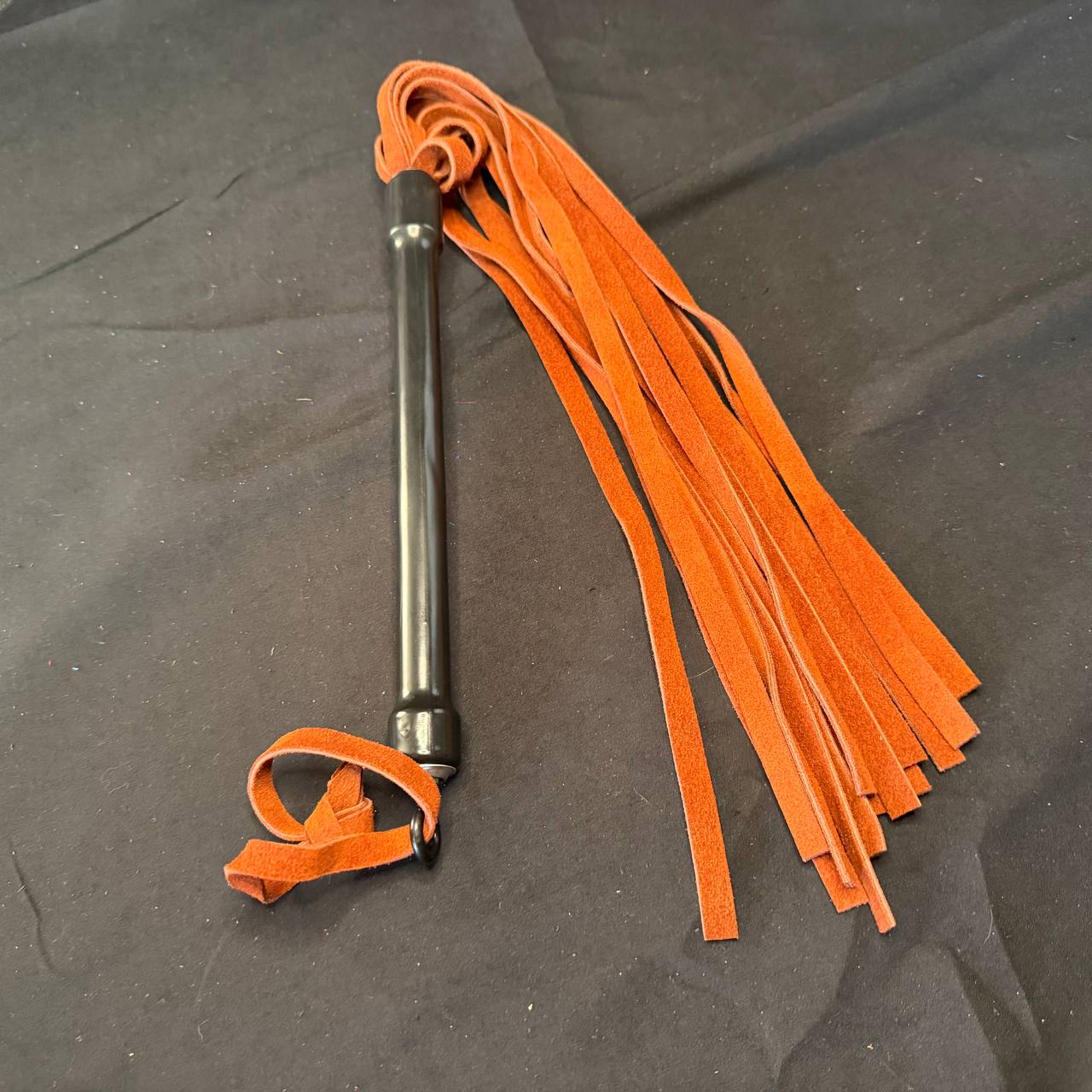 Milk chocolate suede rubber handled flogger - 15 inch falls 10 inch handle